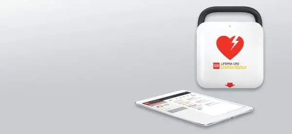 Lifepak CR2 Defibrillator with iPad showing a screen for Physio Control