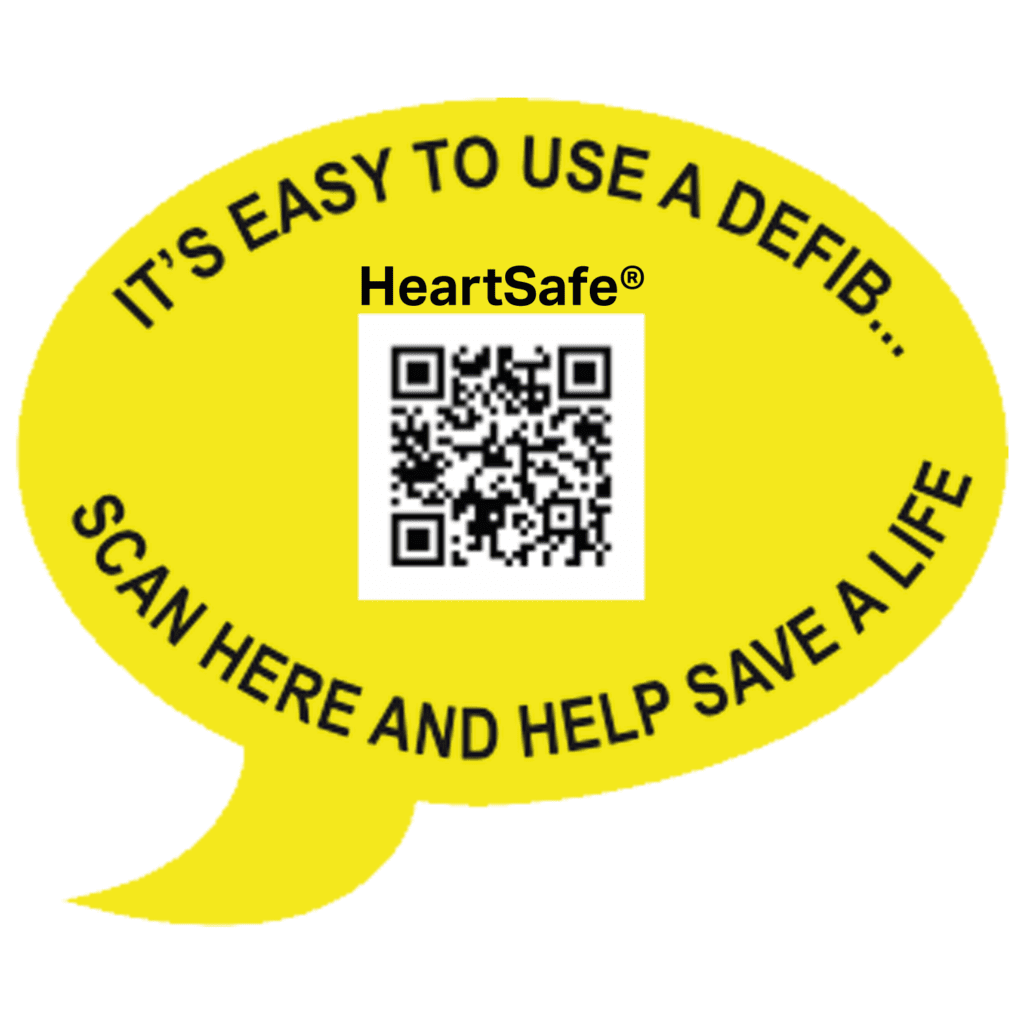 Yellow Speech Bubble with 'It's Easy to use a defib.. scan here and help save a life' text