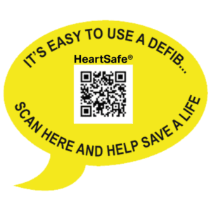 Yellow Speech Bubble with 'It's Easy to use a defib.. scan here and help save a life' text