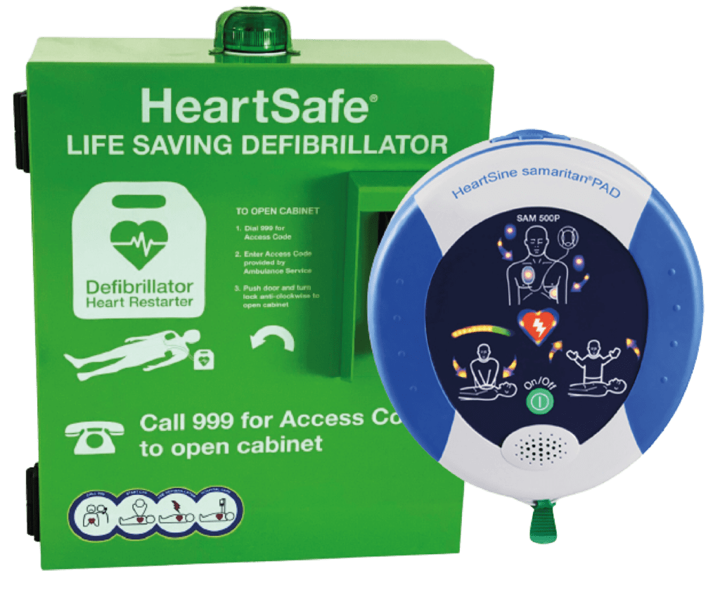 An image of a heartsine defibrillator and heartsafe external defibrillator cabinet with beacon displayed next to each other
