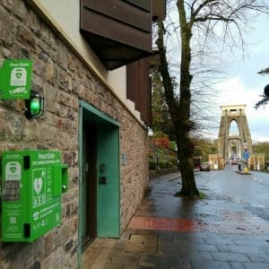 HeartSafe® External Cabinet On Stone Wall At Clifton Suspension Bridge