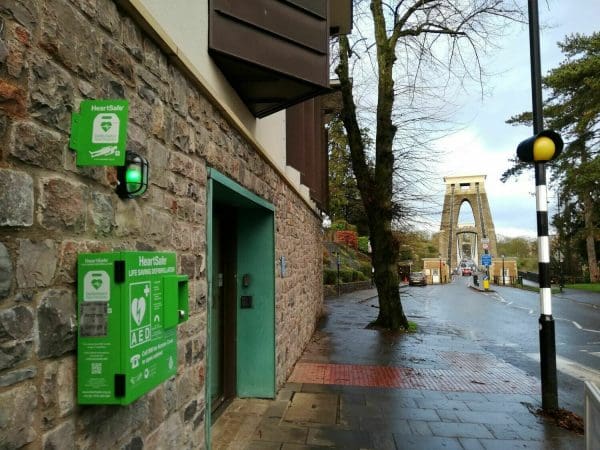 HeartSafe® External Cabinet On Stone Wall At Clifton Suspension Bridge