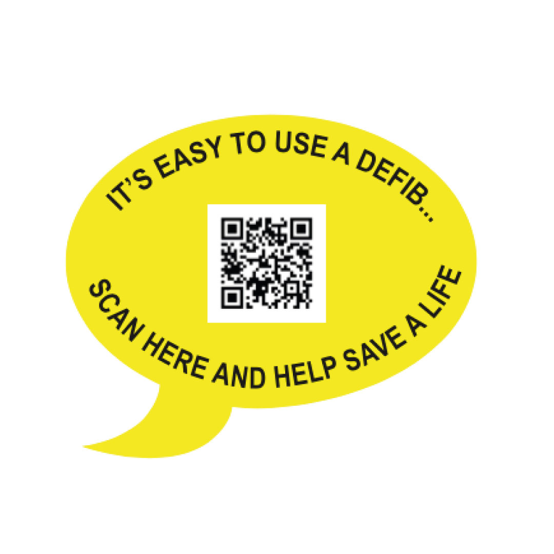 Yellow speech bubble with text 'It's easy to use a defib... scan here and help save a life' with QR code in the centre