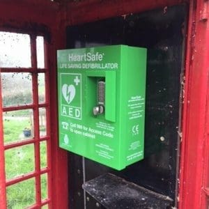 HeartSafe Samaritan PAD Defibrillator Cabinet inside a telephone box