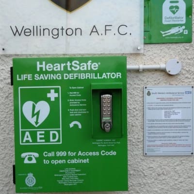 Automatic External Defibrillator outside of Wellington AFC