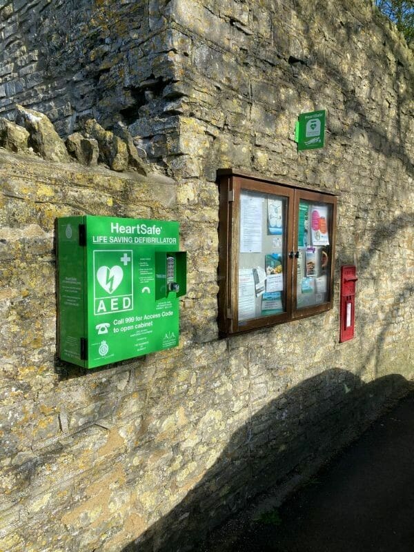 HeartSafe Defib located within a cabinet hanging on a wall