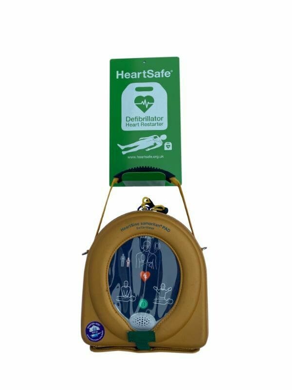 HeartSafe Sign and Hook with Defibrillator hanging
