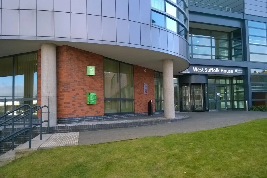 External Defibrillator at West Suffolk House in Bury St Edmunds