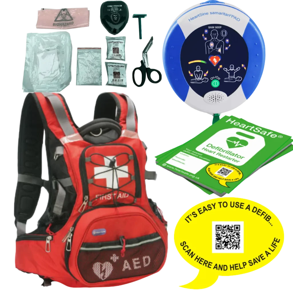 defibrillator, rucksack and accessories
