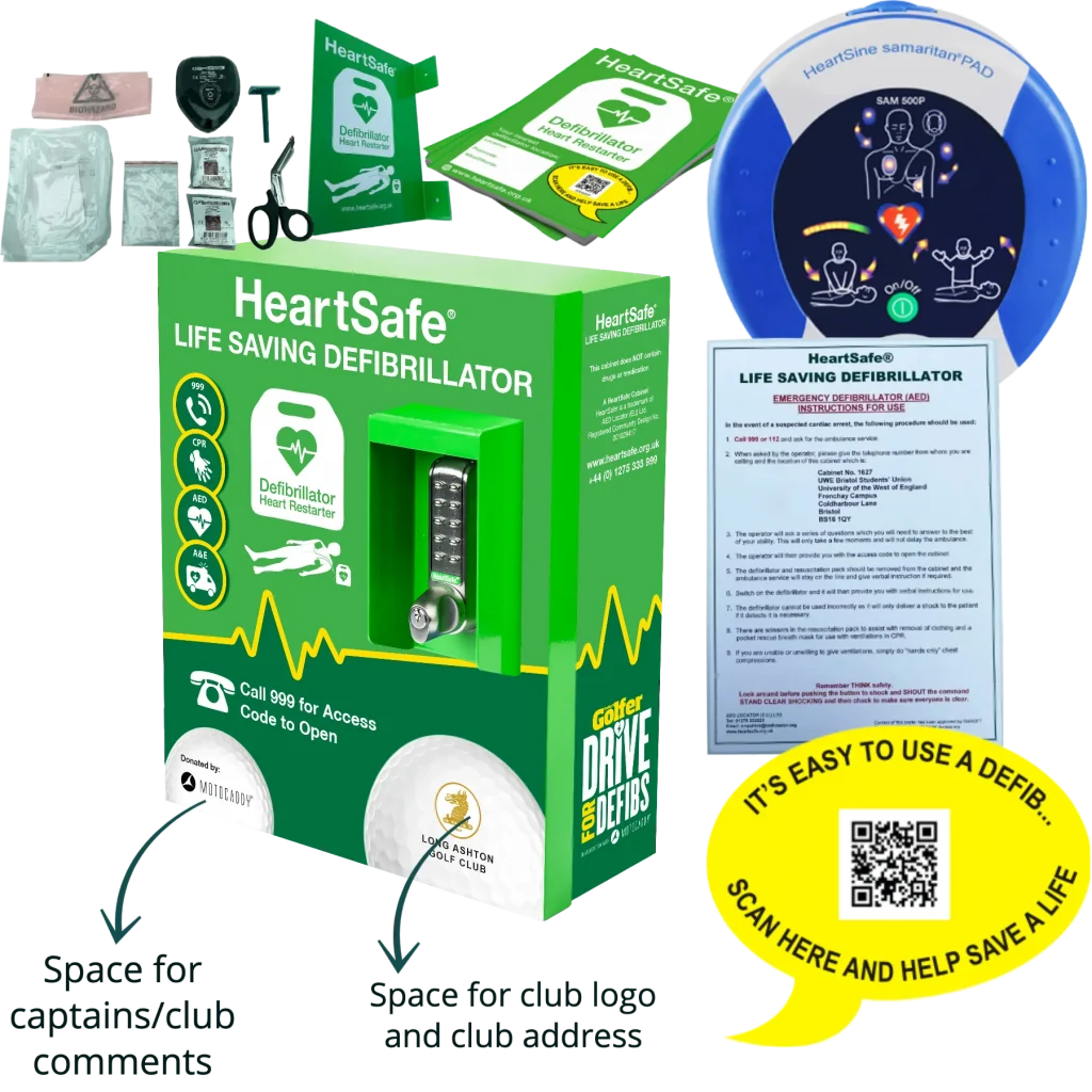 defibrillator, external case, heartsafe leaflets and instructions for use sheet