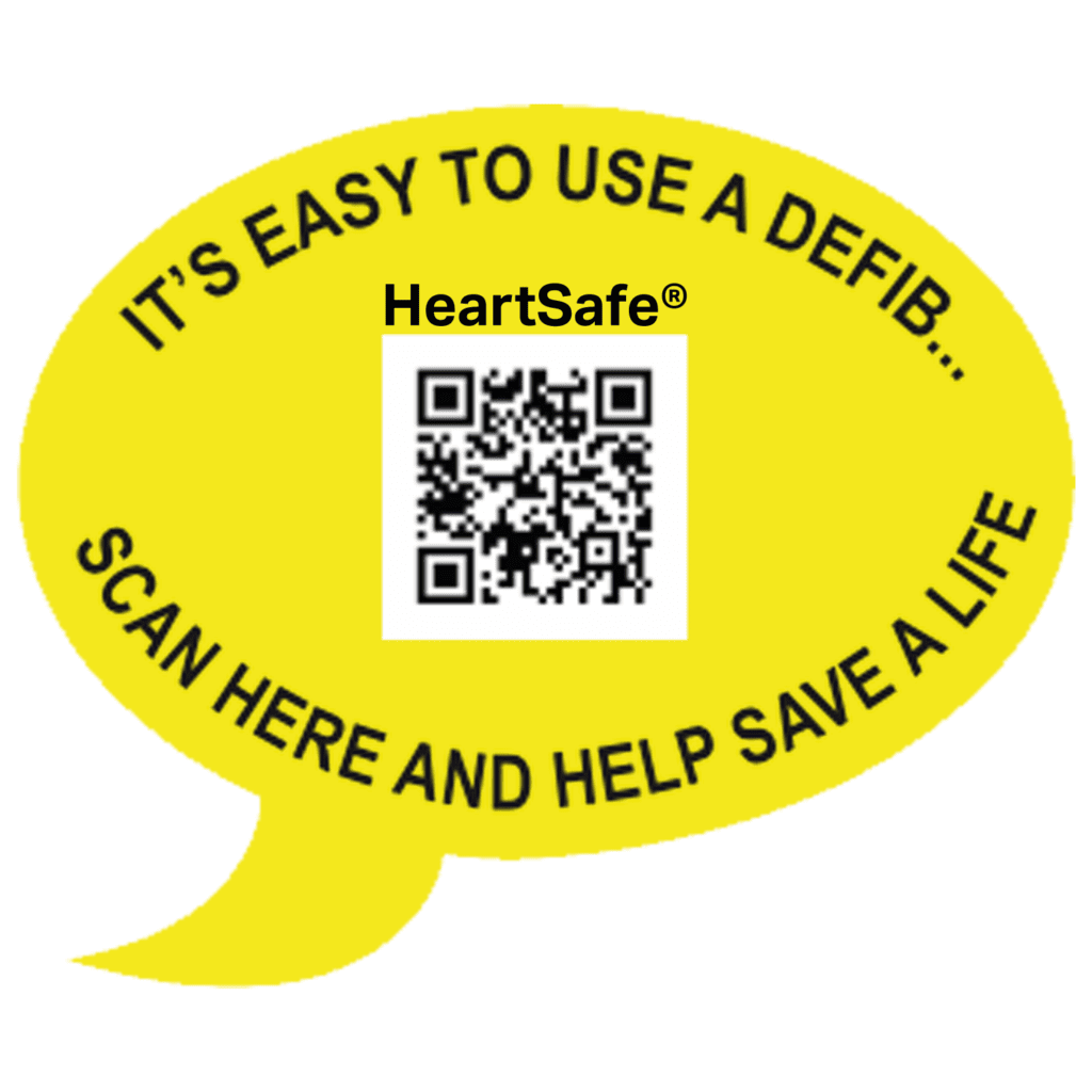 Yellow Speech Bubble with 'It's Easy to use a defib.. scan here and help save a life' text