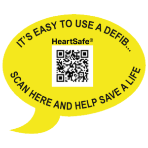 Yellow Speech Bubble with 'It's Easy to use a defib.. scan here and help save a life' text