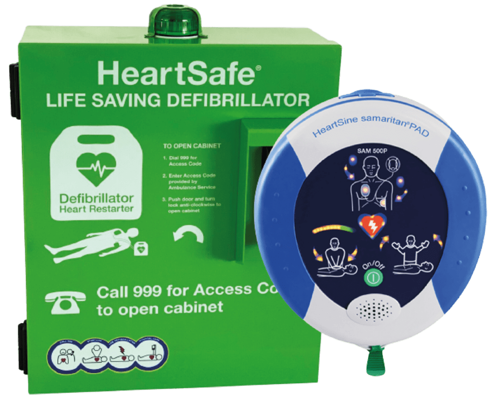 An image of a heartsine defibrillator and heartsafe external defibrillator cabinet with beacon displayed next to each other