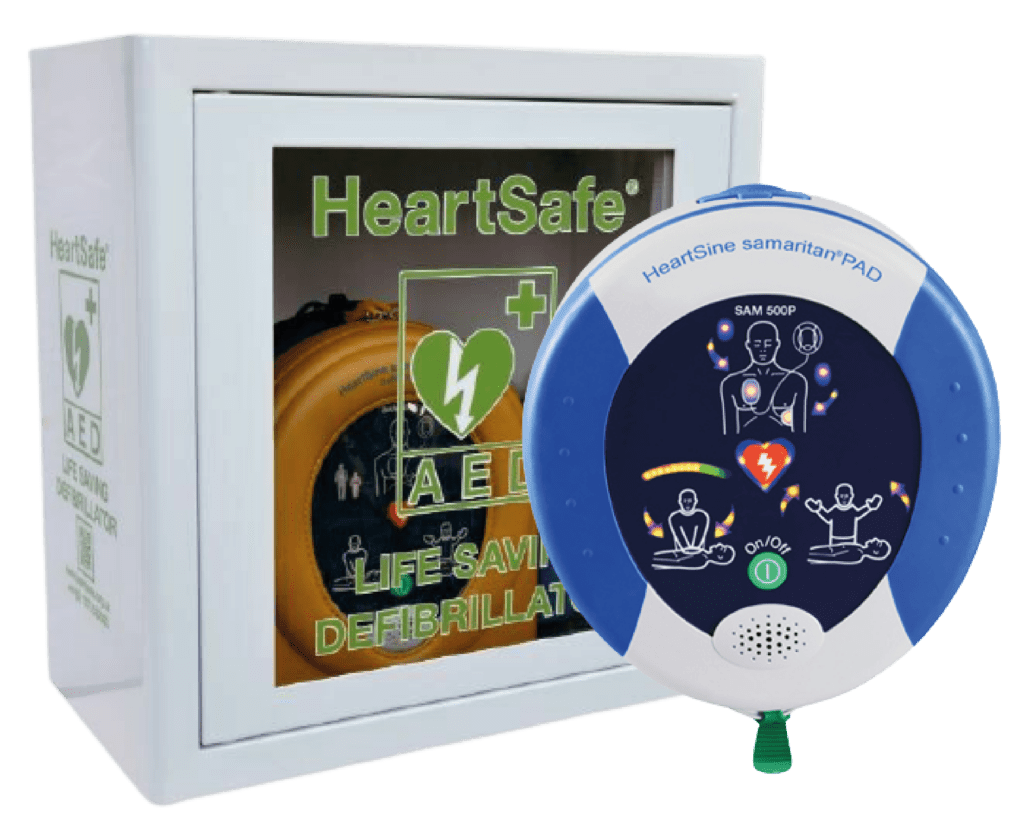 An image of a heartsine defibrillator and heartsafe internal defibrillator cabinet displayed next to each other