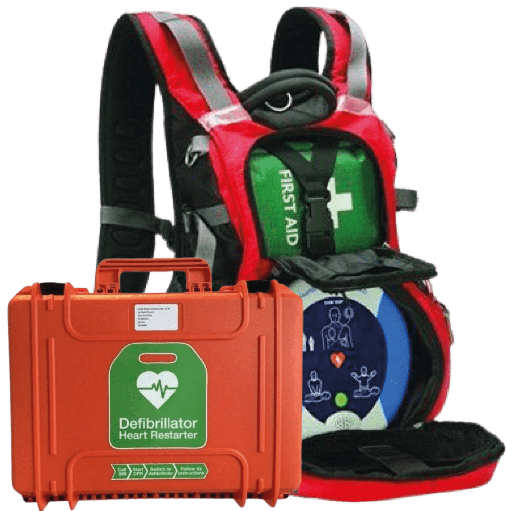 An image of a heartsine defibrillator inside heartsafe portable rucksack displayed next to a HeartSafe hard case portable defibrillator