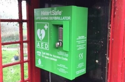 Defibrillator inside a telephone box Defibrillator inside a telephone box