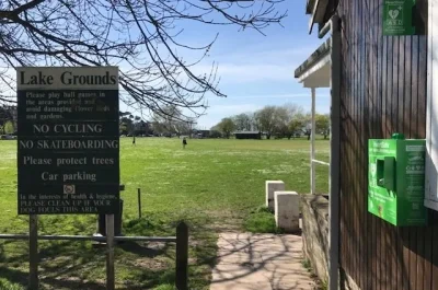 Defibrillator on the side of the Lake Grounds Building